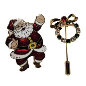 Vintage Santa Claus Pin Centennia 1979 & Rhinestone Wreath Brooch Set Christmas